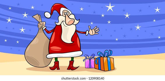 Greeting Card Cartoon Illustration of Santa Claus or Papa Noel or Father Christmas with Christmas Presents and Stars