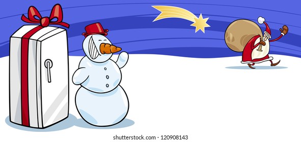 Greeting Card Cartoon Illustration of Santa Claus or Papa Noel or Father Christmas with Sack of Presents and Happy Snowman