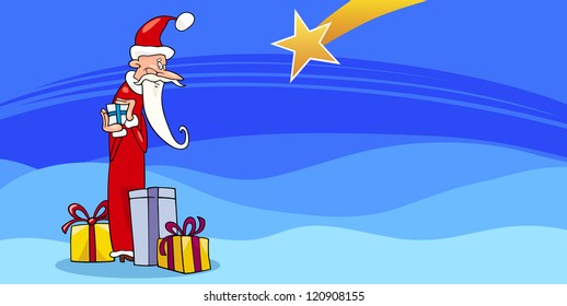 Greeting Card Cartoon Illustration of Santa Claus or Papa Noel or Father Christmas with Christmas Presents and Star