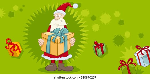 Greeting Card Cartoon Illustration of Santa Claus with Present
