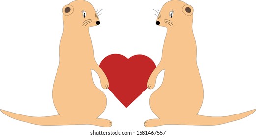 Greeting card with cartoon mongoose and heart. Vector illustration.