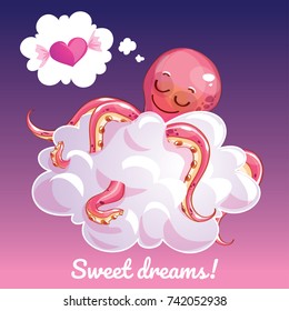 Greeting card with a cartoon octopus on the cloud