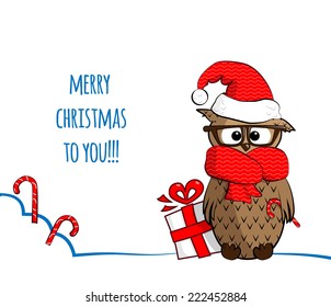 greeting card with cartoon owl in glasses and  santa hat holding candy-cane and gift's box in winter, vector illustration