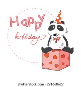Greeting card with a cartoon panda. Birthday greetings.