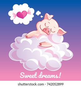 Greeting card with a cartoon pig on the cloud