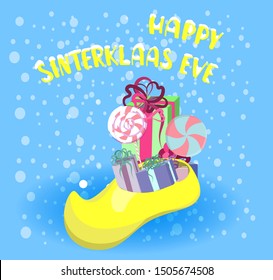 Greeting card in cartoon style with a traditional Dutch shoe filled with gifts and sweets. St. Nicolas day.