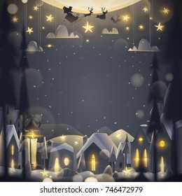 Greeting card in cartoon style. Winter night with flying Santa Claus on the sledge. 