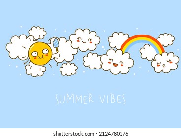 Greeting card with cartoon Sun and clouds for funny summer design