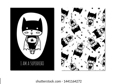 Greeting card with cartoon superhero in black costume. Can be used for invitation cards and drawing poster.