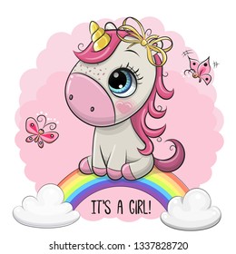 Greeting Card Cartoon Cartoon Unicorn is on the rainbow