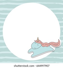 Greeting card with cartoon unicorn. Seamless blue background with stripes.