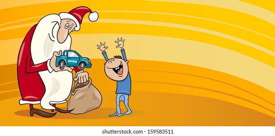 Greeting Card Cartoon Vector Illustration of Santa Claus with Christmas Present and Sack and Little Boy