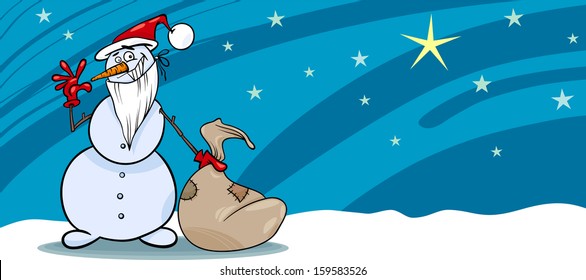 Greeting Card Cartoon Vector Illustration of Snowman Santa with Christmas Presents in the Sack