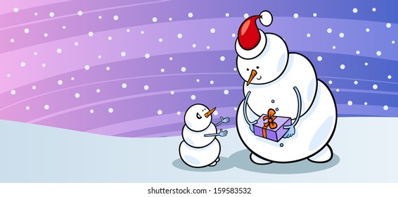 Greeting Card Cartoon Vector Illustration of Snowman Santa with Christmas Present