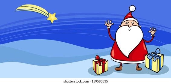 Greeting Card Cartoon Vector Illustration of Santa Claus or Papa Noel with Presents and Christmas Star