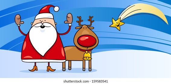 Greeting Card Cartoon Vector Illustration of Santa Claus or Father Christmas with Reindeer and Christmas Star