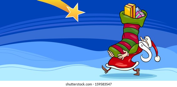 Greeting Card Cartoon Vector Illustration of Santa Claus or Papa Noel with Christmas Presents in the Big Sock