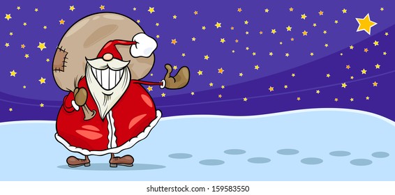 Greeting Card Cartoon Vector Illustration of Santa Claus or Father Christmas with Christmas Presents in Sack