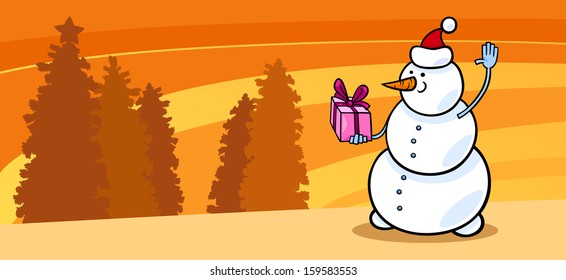 Greeting Card Cartoon Vector Illustration of Snowman Santa with Christmas Present