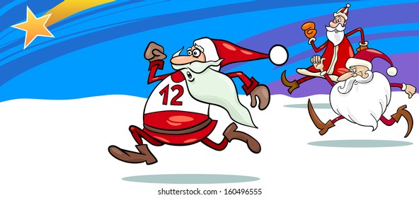 Greeting Card Cartoon Vector Illustration of Santa Clauses Running for Christmas Star