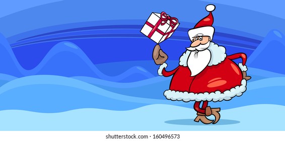 Greeting Card Cartoon Vector Illustration of Santa Claus with Christmas Present