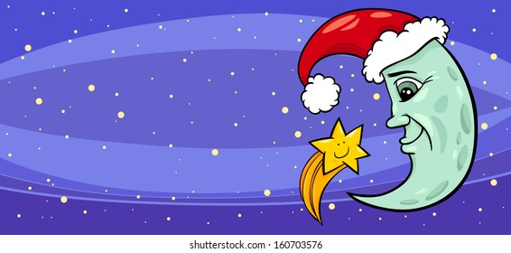 Greeting Card Cartoon Vector Illustration of Moon in Santa Claus Hat with Christmas Star