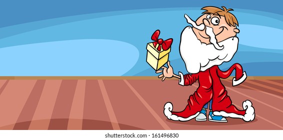 Greeting Card Cartoon Vector Illustration of Cute Little Boy in Santa Claus Costume with Christmas Present