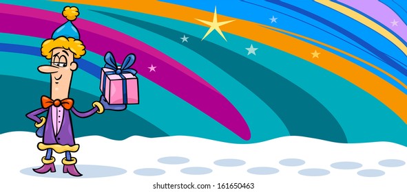 Greeting Card Cartoon Vector Illustration of Christmas Elf with Present