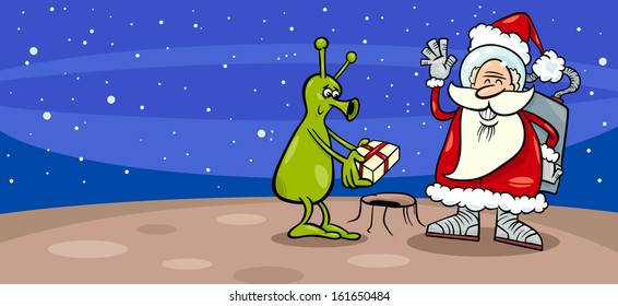 Greeting Card Cartoon Vector Illustration of Santa Claus Astronaut giving Christmas Present to Funny Green Alien