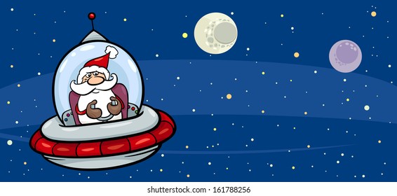 Greeting Card Cartoon Vector Illustration of Santa Claus flying in Space on Spaceship