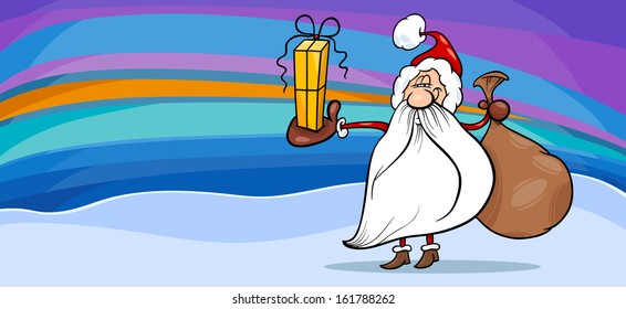 Greeting Card Cartoon Vector Illustration of Santa Claus with Sack and Christmas Present