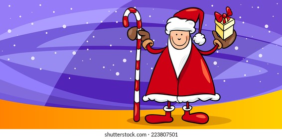 Greeting Card Cartoon Vector Illustration of Santa Claus with Present and Cane