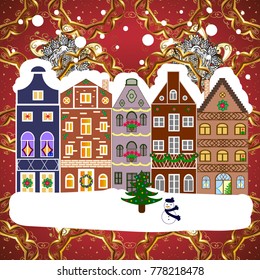 Greeting card. Cartoon Vector illustration. Happy New Year. Holidays Vector illustration. Christmas tree with gifts. Bright boxes. Vintage style.