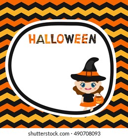 Greeting card with cartoon witch. Halloween theme.