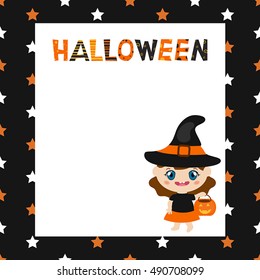 Greeting card with cartoon witch. Halloween theme.