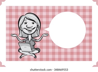 Greeting card with cartoon woman sitting with laptop computer - place your custom text