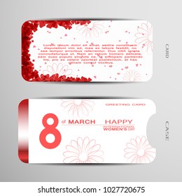 Greeting card with case vector set for Happy International Women's Day on the white background with red stripe, flower silhouettes and leaf pattern.