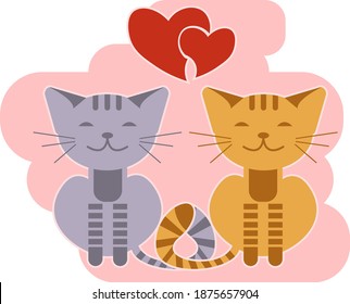 Greeting card with cat couple and hearts on Valentines day