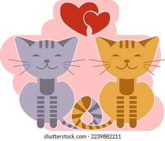 Greeting card with cat couple and hearts on Valentines day