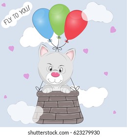 Greeting card the  cat cub flies in a basket tied to balloons.