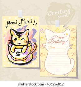 Greeting card with a cat in the cup/The front side of the card with kitten and lettering Meow Meow. The reverse side of card with the title Happy Birthday and place for text