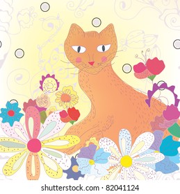 Greeting card with cat and flowers
