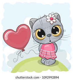 Greeting card Cat girl with balloon on the meadow