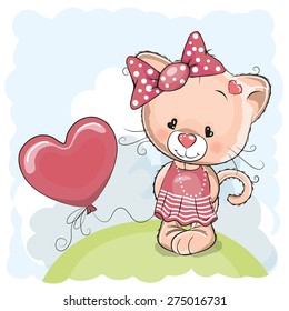 Greeting card Cat girl with balloon on the meadow
