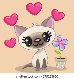 Greeting card Cat with heart and flower
