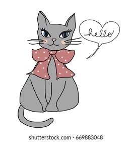 Greeting card for cat lover with cute gray cat wore polka-dot ribbon bow greeting someone with wording hello in heart-shape word balloon. Vector illustration with hand-drawn style.