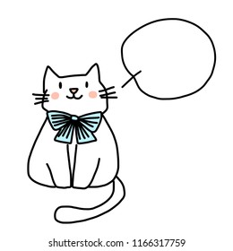 Greeting card for cat lover. White cat sitting and meowing something in blank word balloon. Happy cat with ribbon tied as collar smiling. Vector illustration with hand-drawn style. 