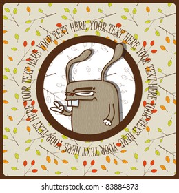 Greeting card with cat rabbit and branches. Place for your text. Vector illustration.