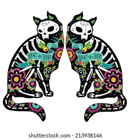Greeting card and cats  skeletons and floral patterns  Colorfull cats  Vector illustration