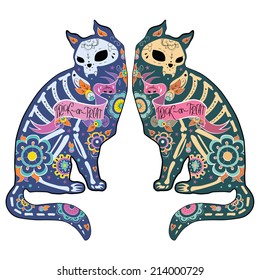 Greeting card and cats  skeletons and floral patterns  Colorfull cats  Vector illustration  